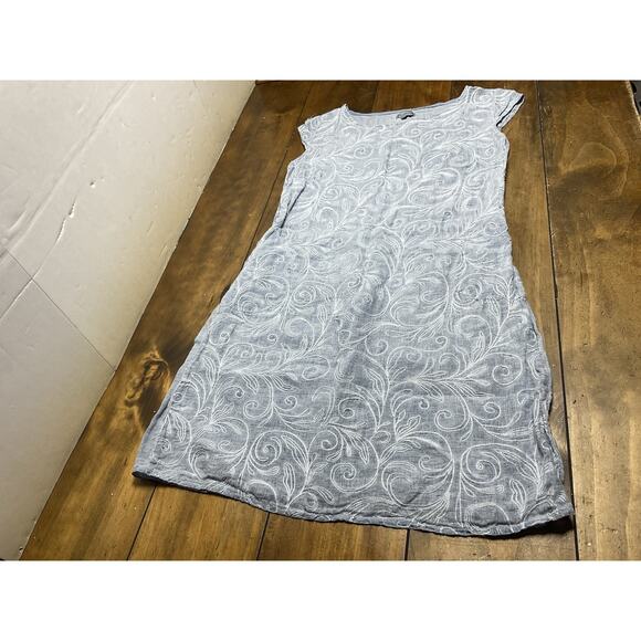 LINA TOMEI Chambray Blue Coastal Embroidered 100% Linen Dress Large Italy - Picture 1 of 11